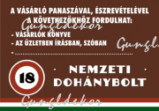 A vásárló panaszával, észrevételével a következőkhöz fordulhat:... tábla matrica, barna háttérrel, piros, fehér, zöld csíkkal, 18-as karikával