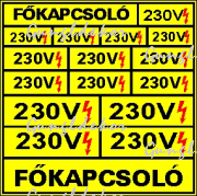 230V, főkapcsoló tábla matrica, sárga alapon fekete szöveg, piros villám piktogram