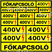 400V, főkapcsoló tábla matrica, sárga alapon fekete szöveg, piros villám piktogram