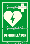 Defibrillátor piktogram felirattal, fluor utánvilágító anyagból tábla matrica