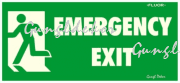 Utánvilágítós tábla, zöld háttér, balra futó ember az ajtóban, emergency exit felirattal