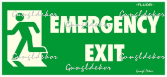 Utánvilágítós tábla, zöld háttér, balra futó ember az ajtóban, emergency exit felirattal