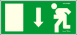 Utánvilágítós tábla, zöld háttér, lefelé mutató nyilas menekülési irány, baloldalt ajtó, jobboldalt menekülő ember