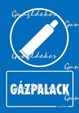 Gázpalack tábla matrica, kék alapon fehér szöveg, gázpalack piktogram