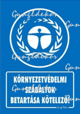 Környezetvédelmi szabályok betartása kötelező tábla matrica, kék alapon fehér szöveg, babérkoszorú piktogram