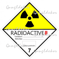 ADR 7B bárca Radioaktív anyagok, fehér-sárga élére állított négyzet, radioaktív piktogrammal