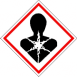 CLP GHS Egészségre veszélyes anyag piktogram, élére állított négyzet piros szegéllyel, benne fekete átégetett emberi alak