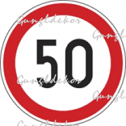 Szállítási jelzés, 50 km/h matrica, piros kör benne 50 es felirat