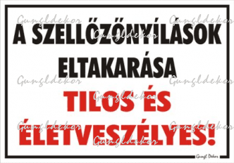 A szellőzőnyílások eltakarása tilos és életveszélyes! tábla matrica