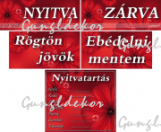 Kreatív nyitvatartásos táblák, piros virágos háttérrel