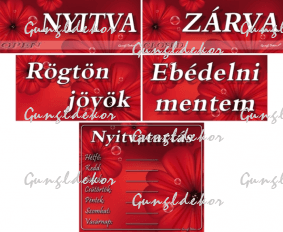 Kreatív nyitvatartásos táblák, piros virágos háttérrel