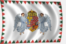 Angyalos címeres magyar zászló farkasfogas díszítéssel