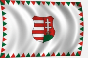 Kossuth címeres magyar zászló farkasfogas díszítéssel